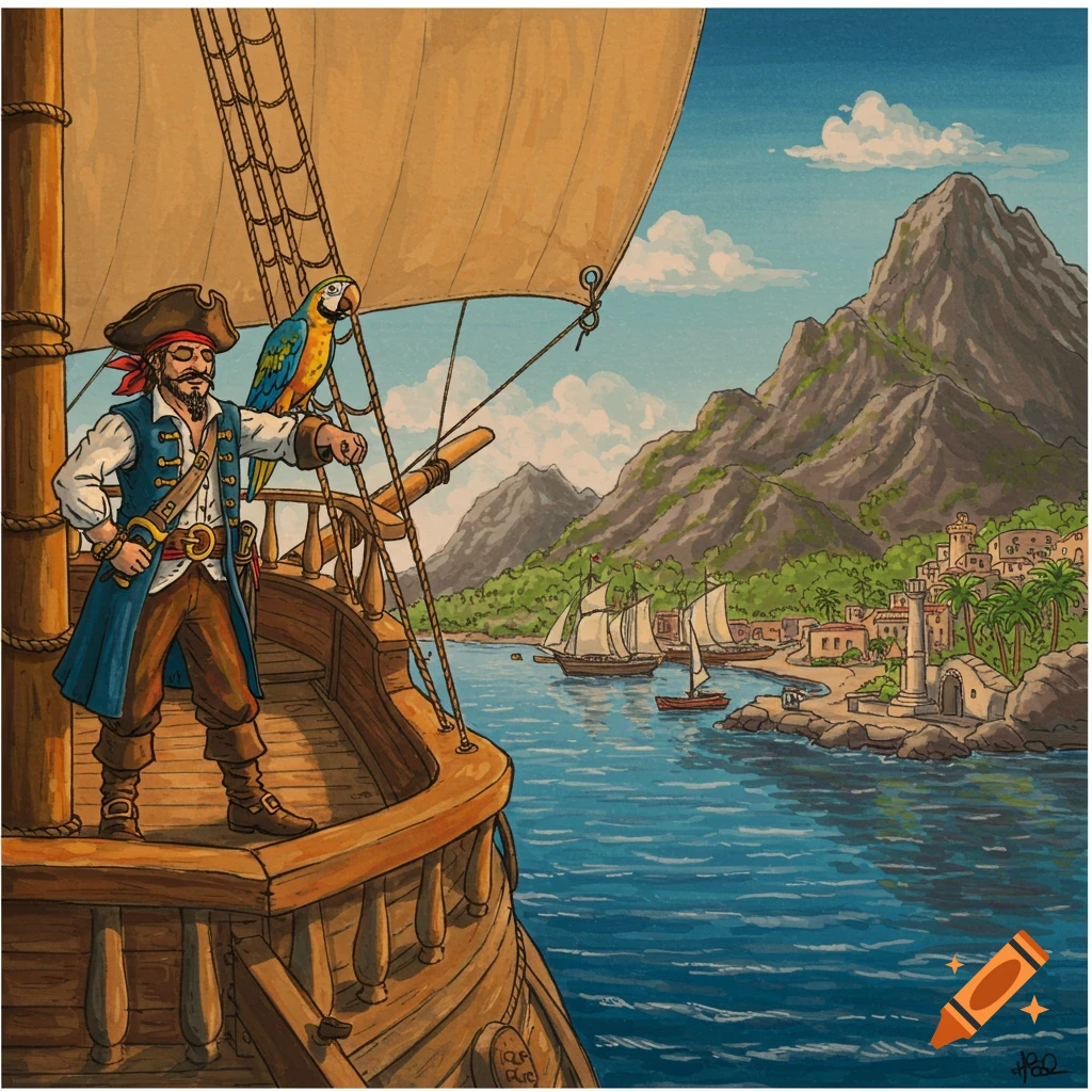 An illustration of a pirate and a parrot on a sailing ship approaching a harbor with mountains.