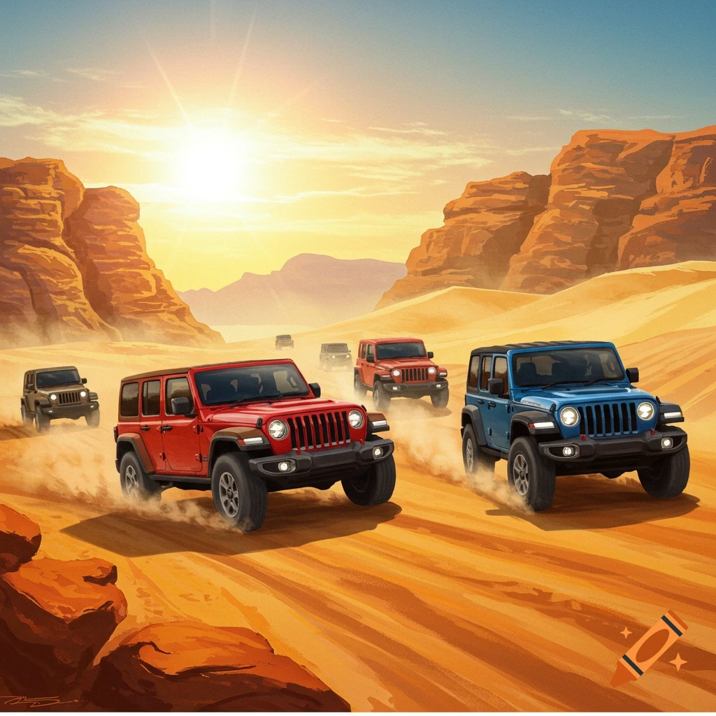 Several Jeeps drive through a sandy desert landscape.