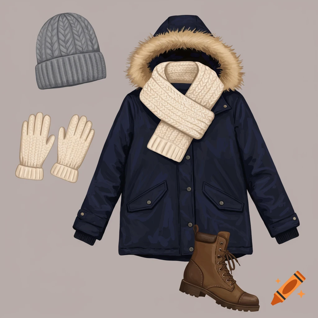 A winter outfit featuring a hat, coat, scarf, gloves, and boot.