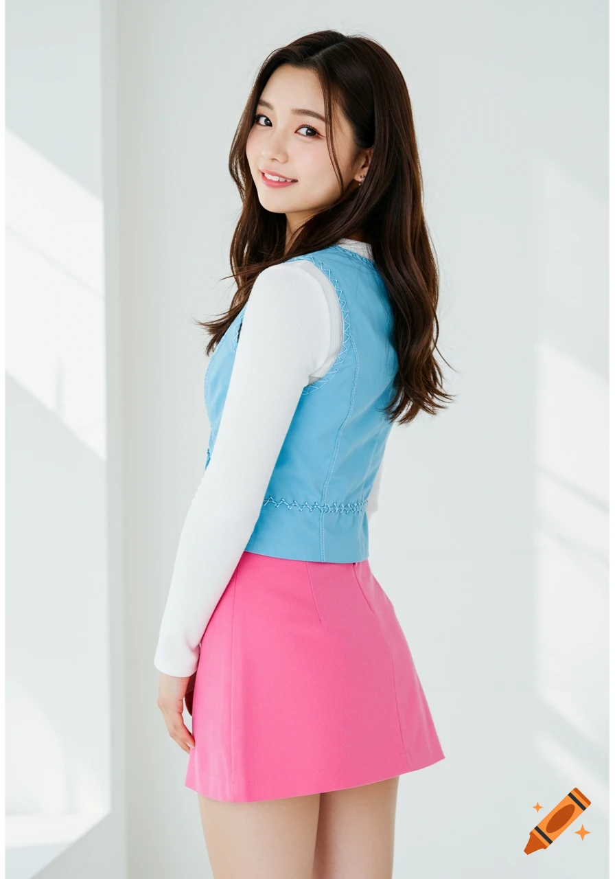 A woman in a blue vest and pink skirt stands in a bright room.