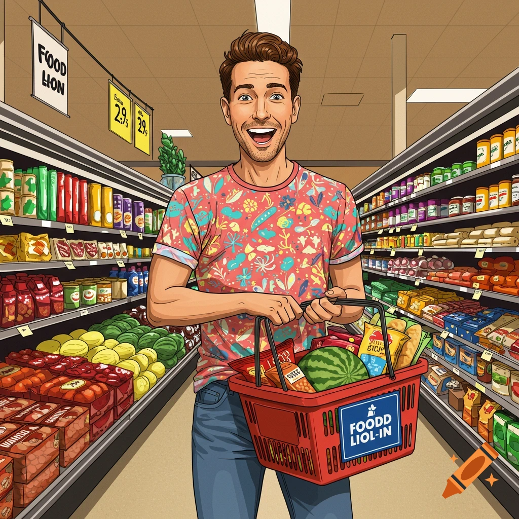 A man in a colorful shirt shopping in a supermarket.