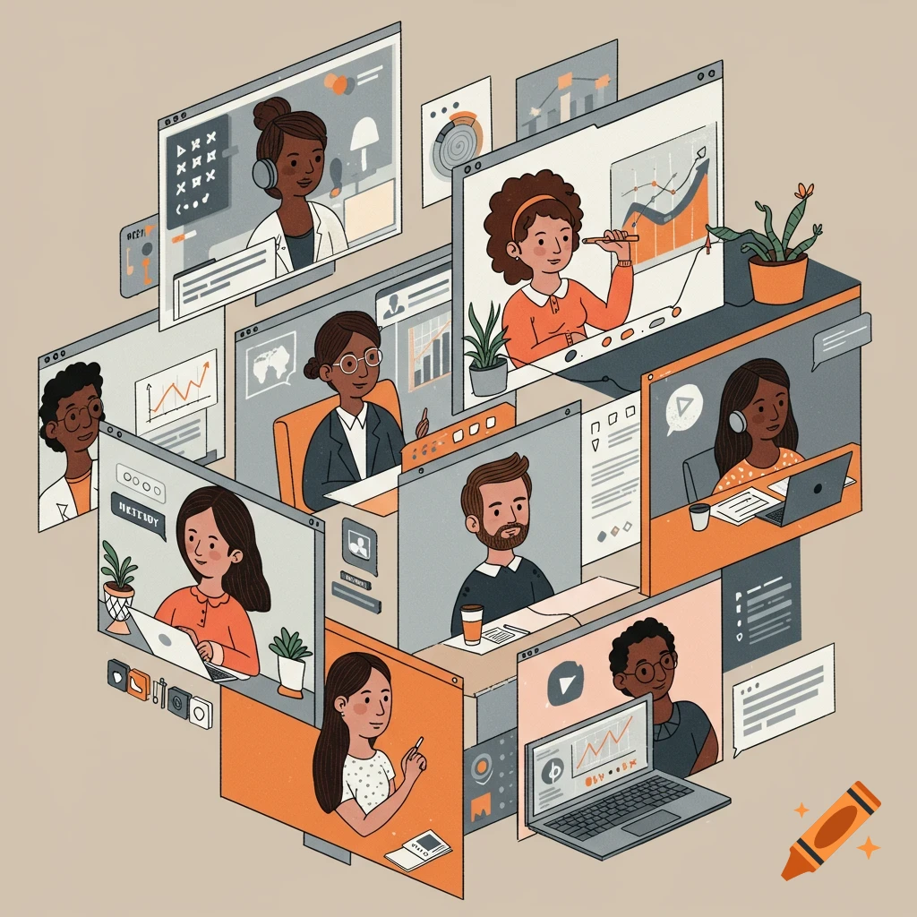 Illustration of diverse people in windows participating in a virtual business meeting with data on screens.