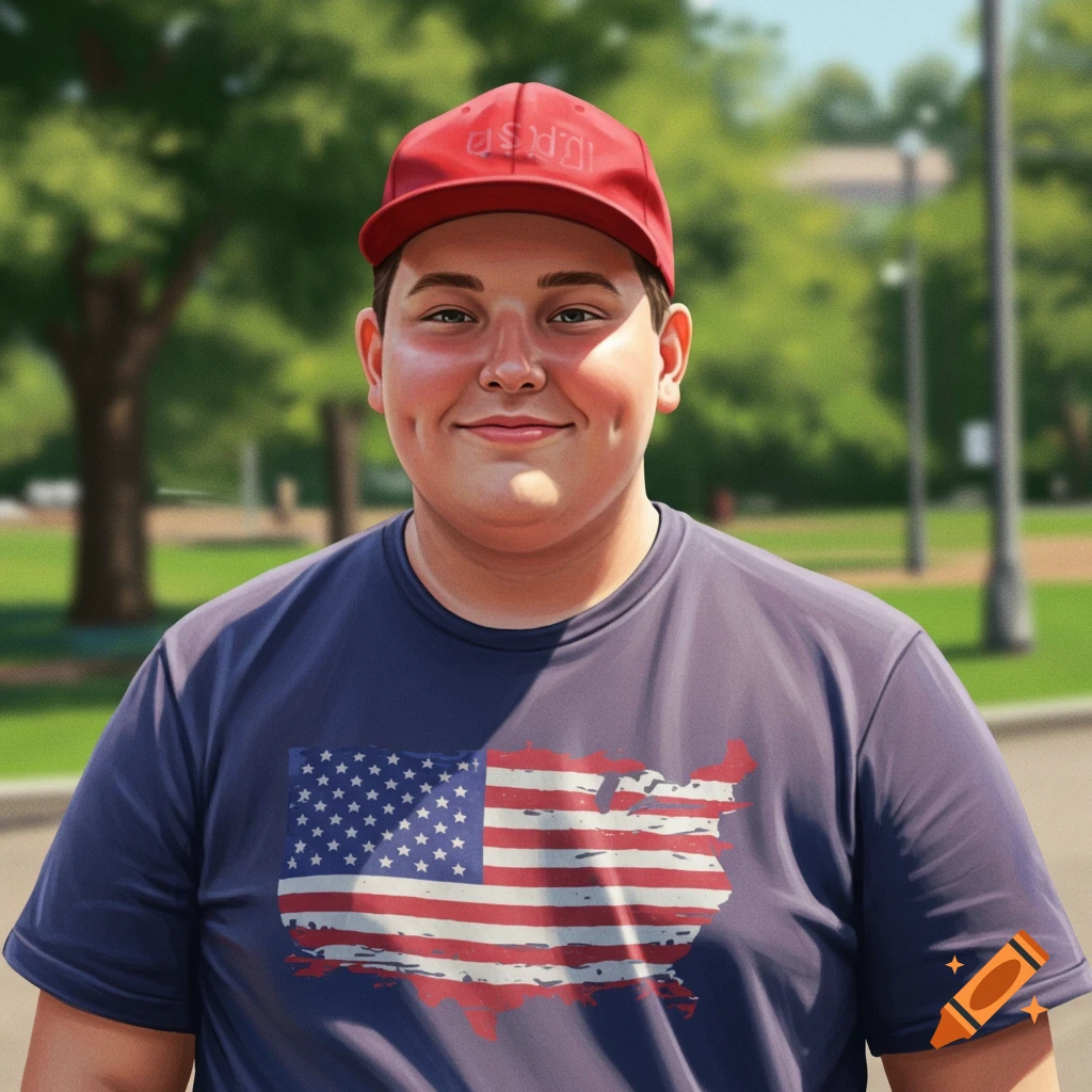 An overweight man is wearing a red cap and a shirt with the US flag.