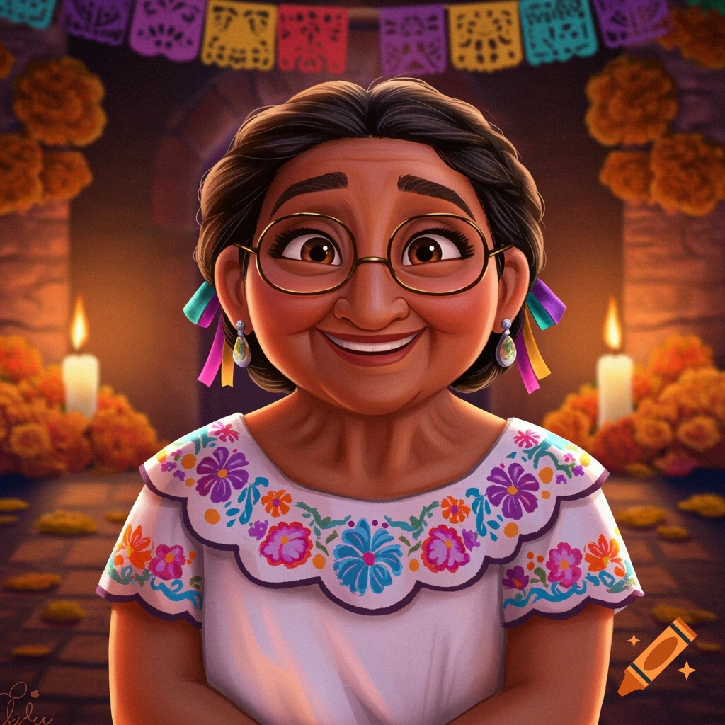 Mama Coco smiling in front of Day of the Dead decorations.