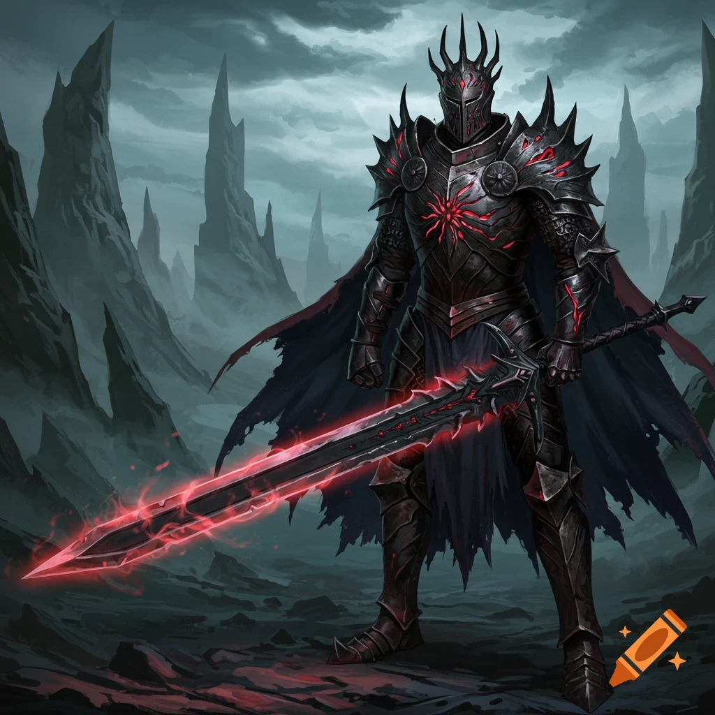 A dark knight in black and red armor stands in a rocky landscape, holding a glowing red sword.