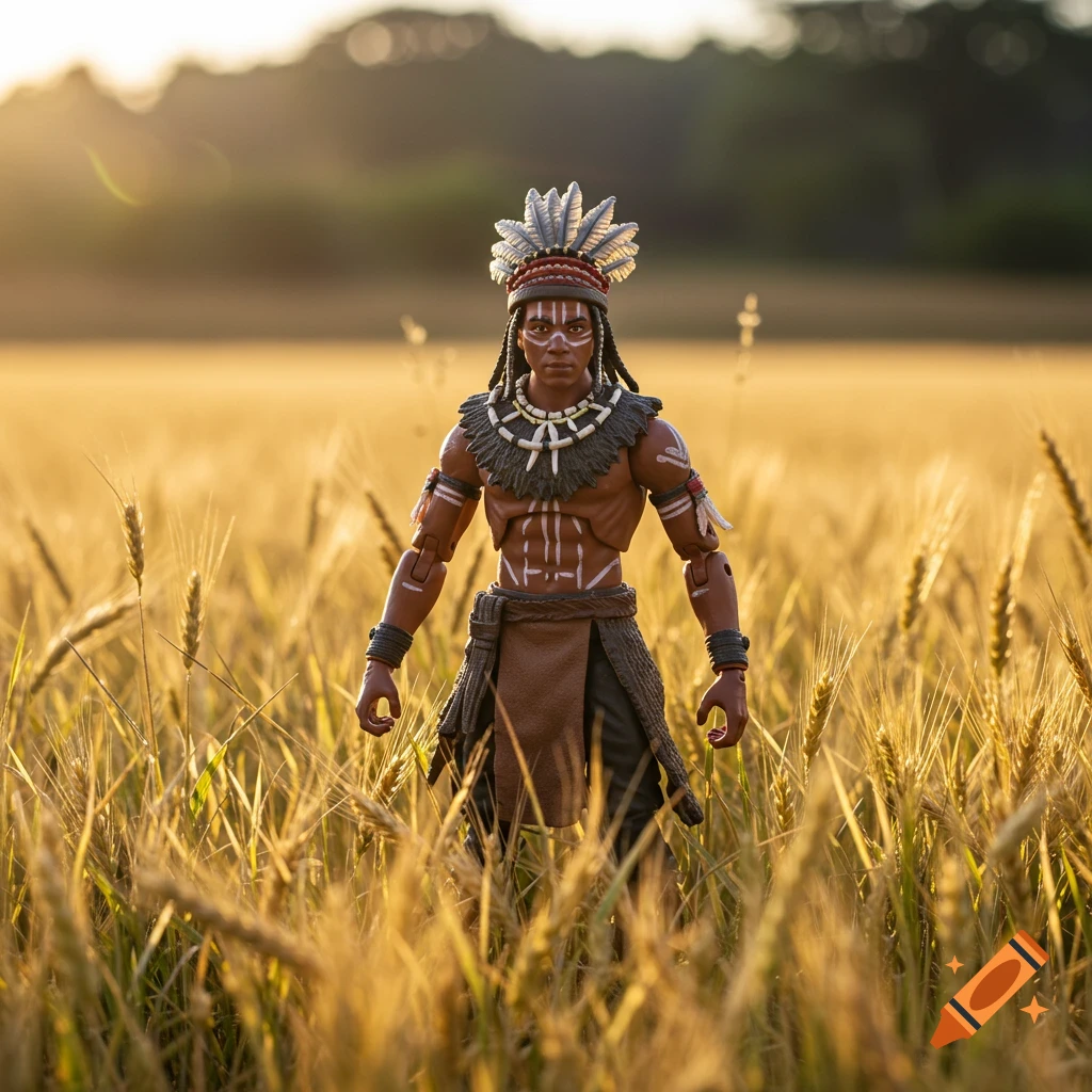 Action figure wearing traditional clothing stands in a wheat field at sunset