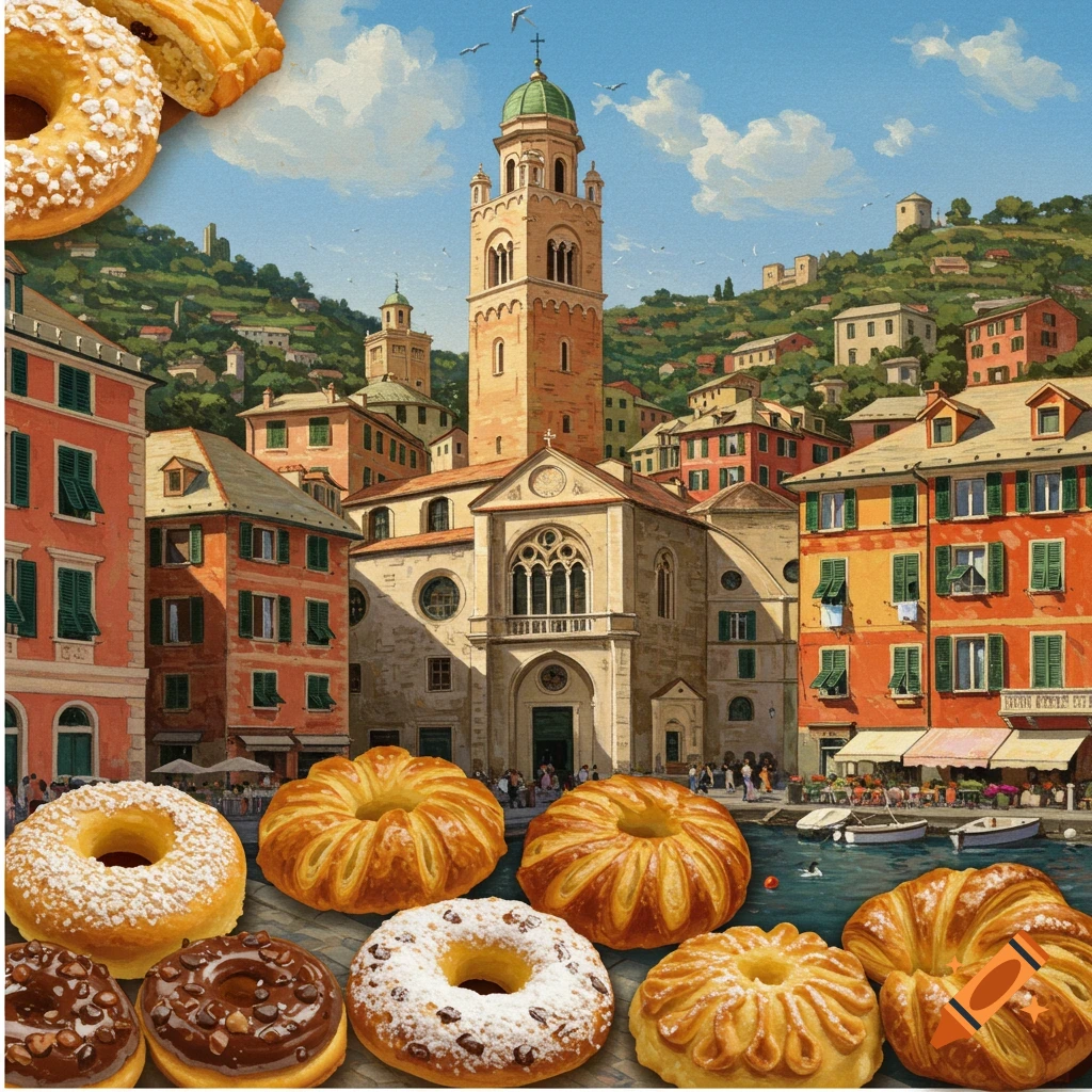 Scenic Italian city with a church tower and harbor, featuring large pastries in the foreground.