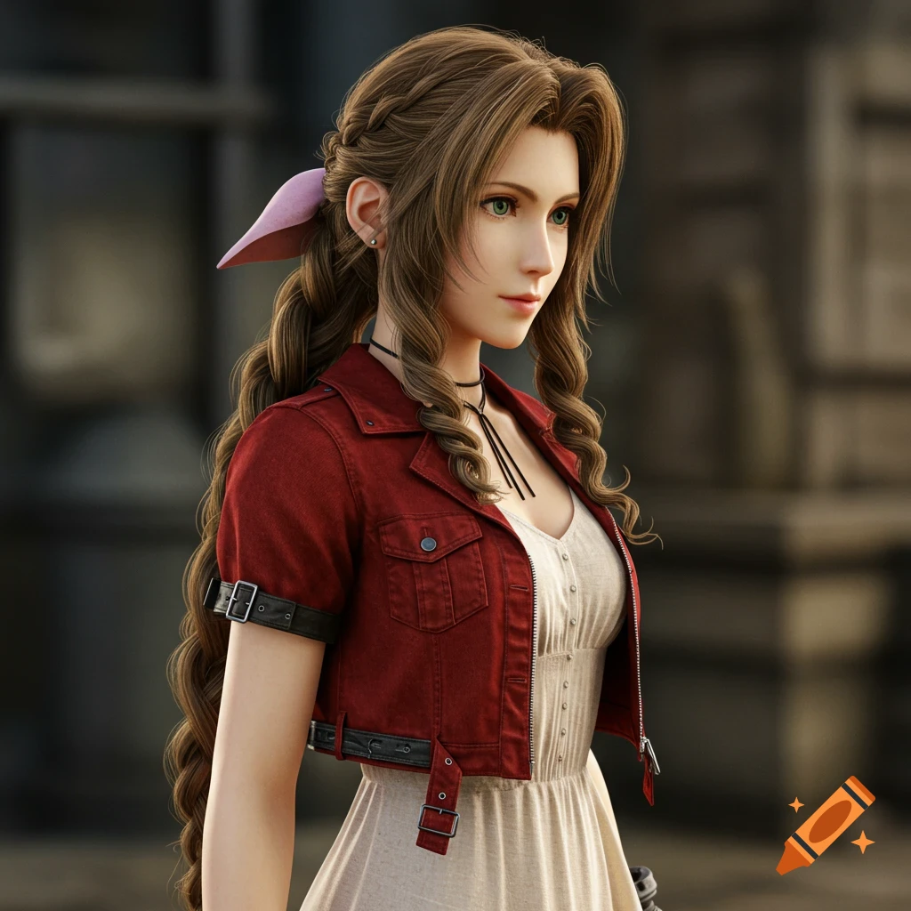 Photorealistic portrait of Aerith Gainsborough from Final Fantasy 7, with long braided hair, red jacket, and white dress.