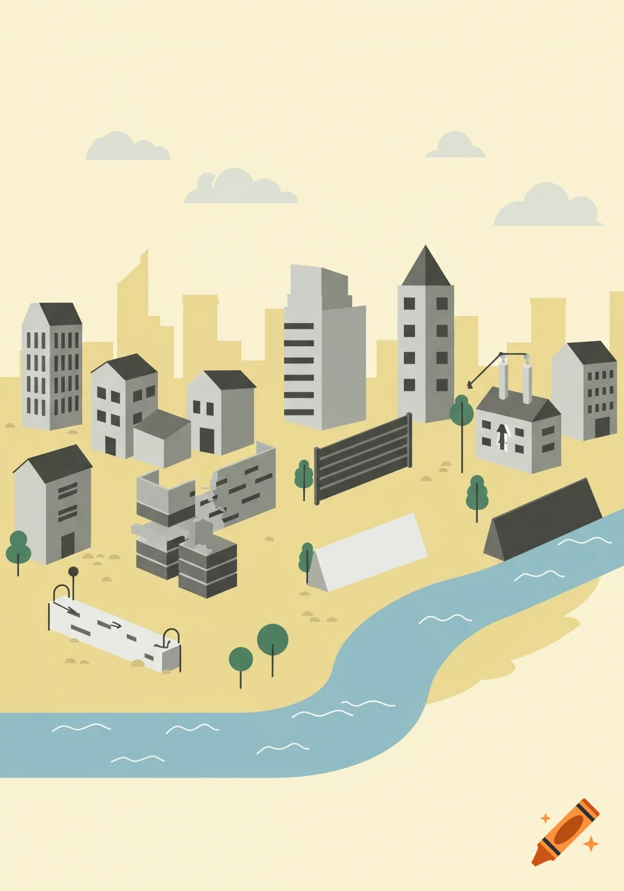 Minimalist flat cartoon illustration of a city with buildings, trees, a river, and flood management structures.