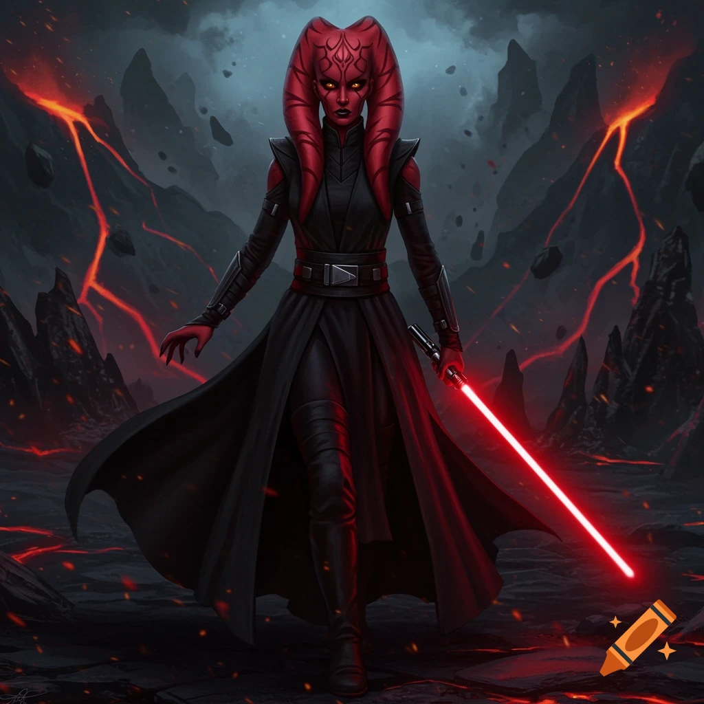 A female Sith Lord with red skin and a red lightsaber standing in a volcanic landscape.