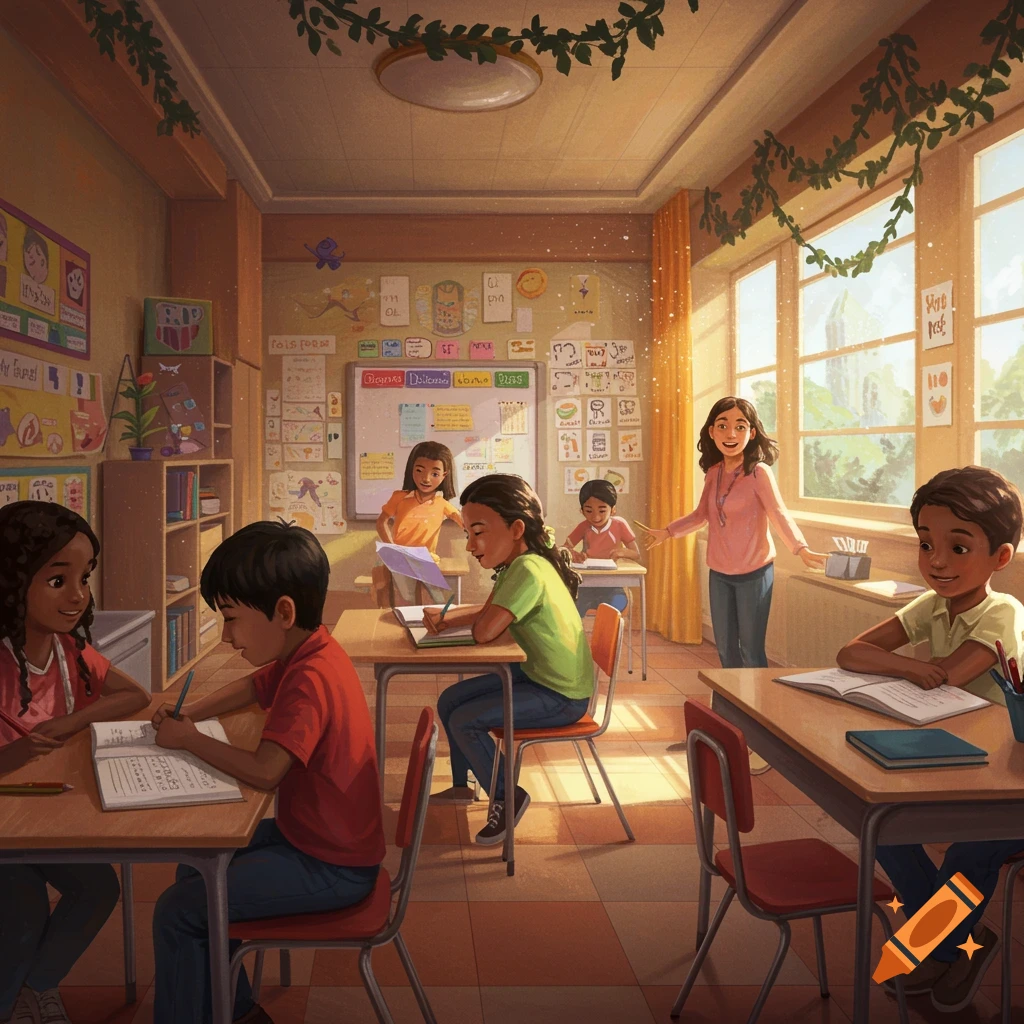 Diverse students and a teacher are in a bright classroom.