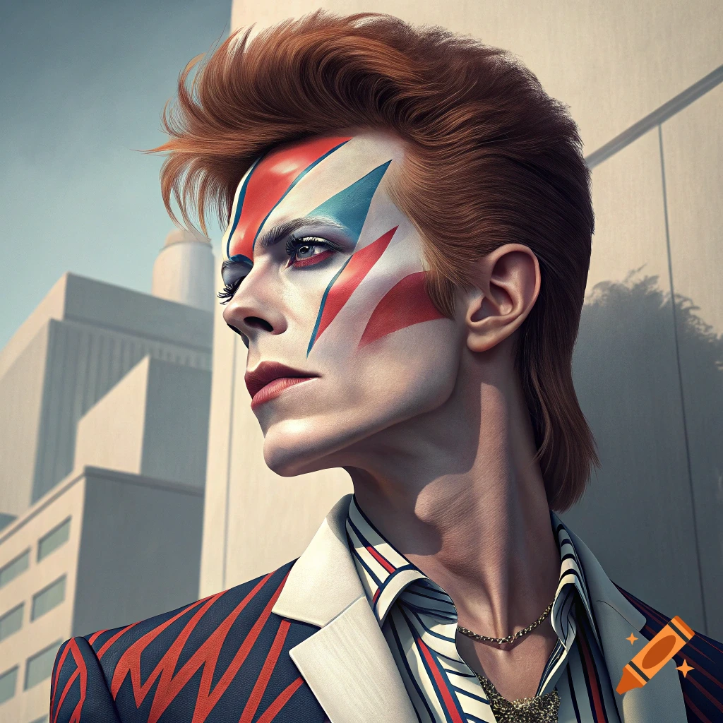 Portrait of a person wearing David Bowie's Aladdin Sane lightning bolt makeup and a suit against buildings.