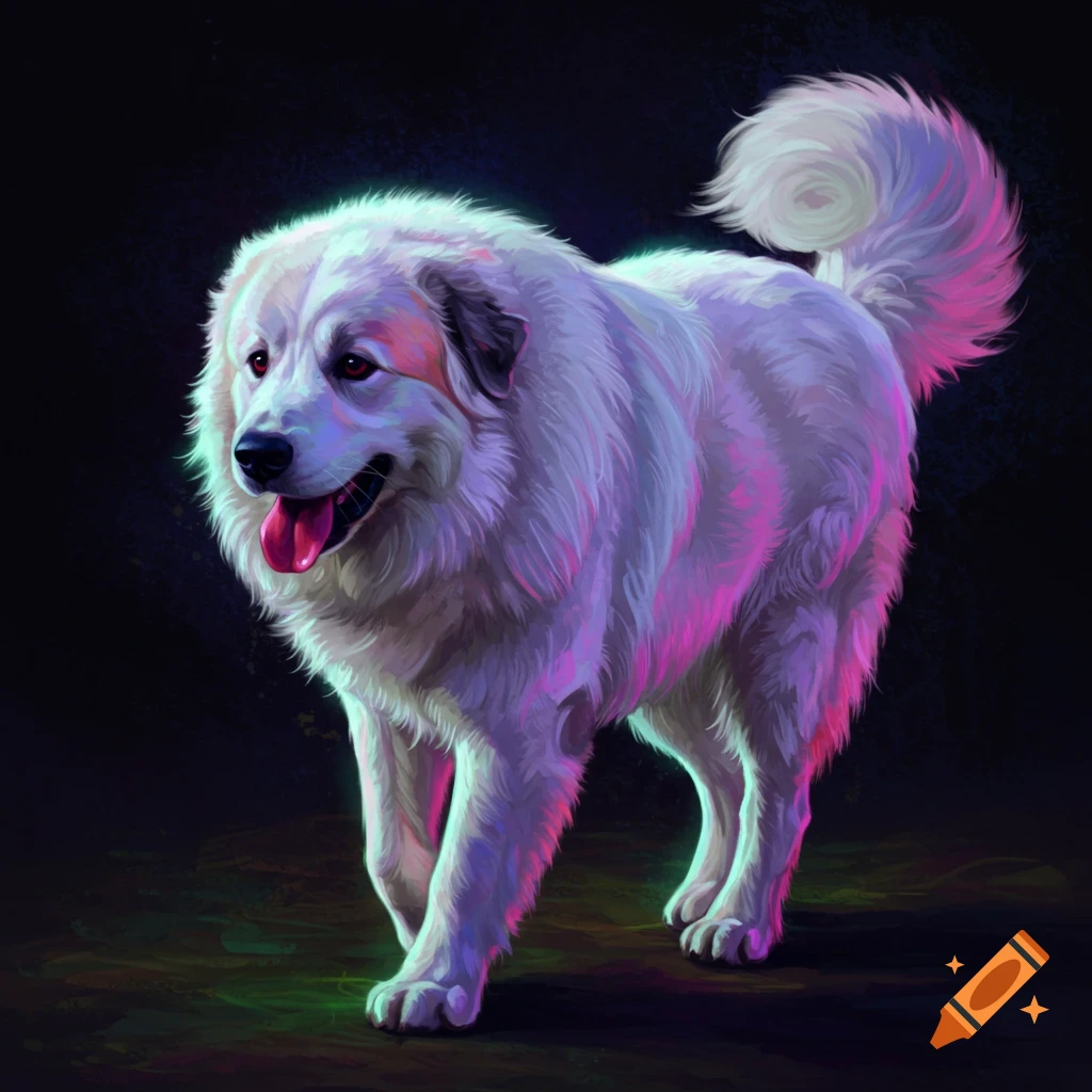 A Great Pyrenees dog is illuminated with neon pink and green light against a dark background.
