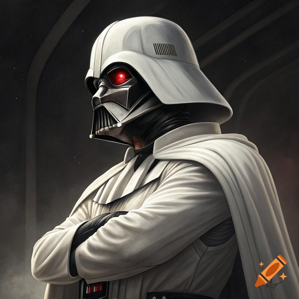 Darth Vader wearing a white uniform and cape.
