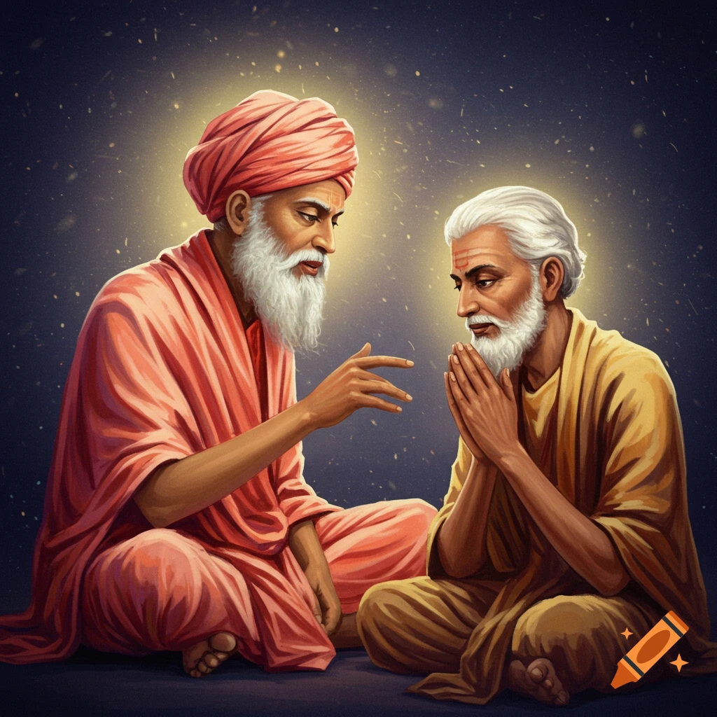 Two older men in traditional robes are sitting; one is pointing while the other is listening with his hands clasped.