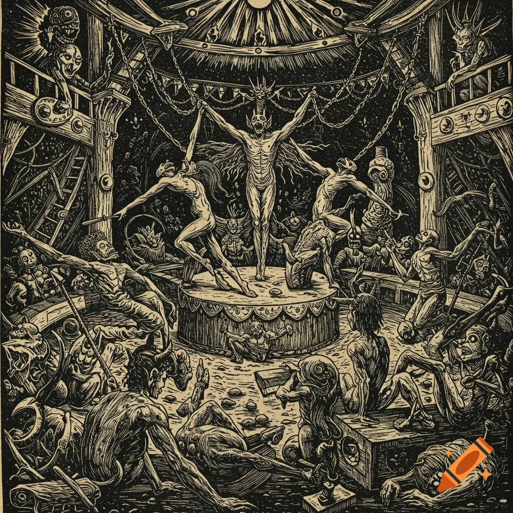 Woodcut print of a chaotic, hellish circus scene with demonic figures performing.