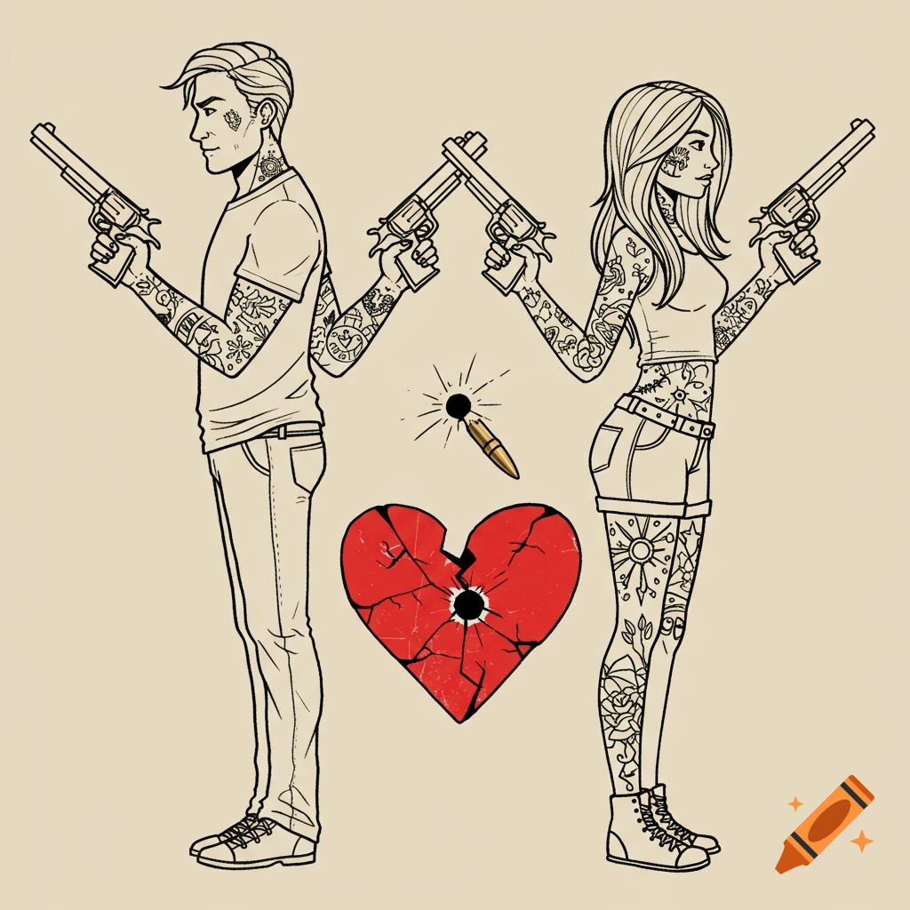Line drawing illustration of a tattooed man and woman with guns, facing a shattered heart and bullet.