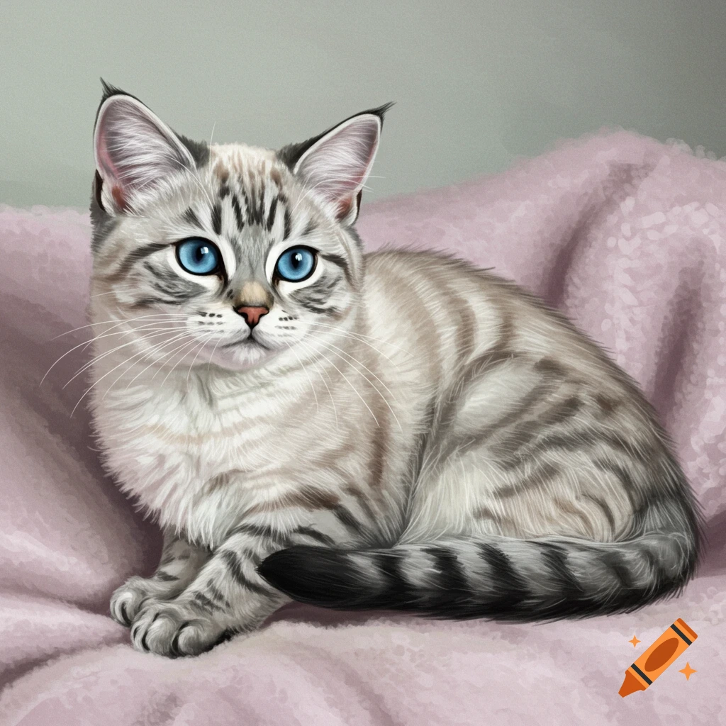 A silver tabby cat with blue eyes sitting on a pink blanket.