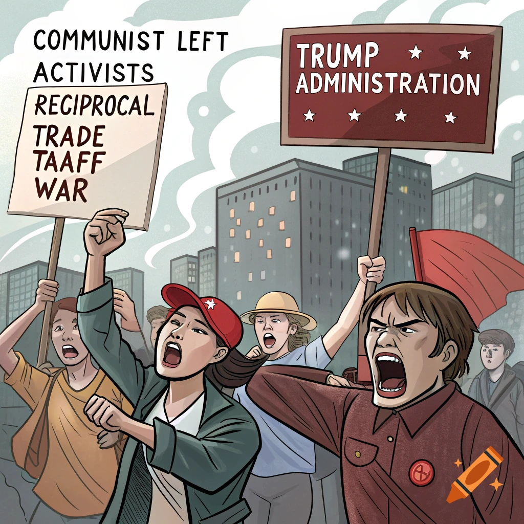 Cartoon illustration of communist left activists protesting the Trump administration's reciprocal trade tariff war, holding signs and shouting.