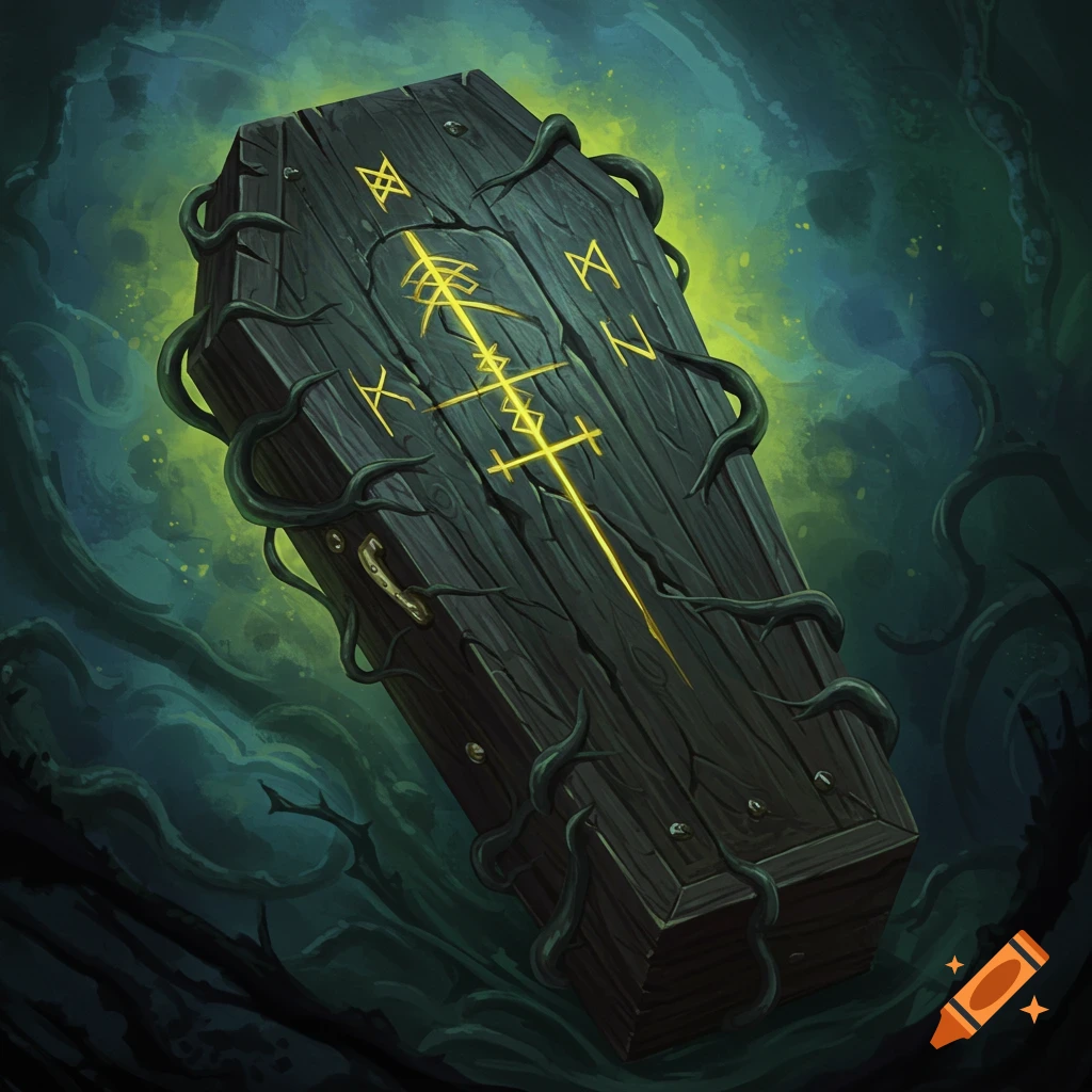 A dark wooden coffin is covered in glowing runes and vines.
