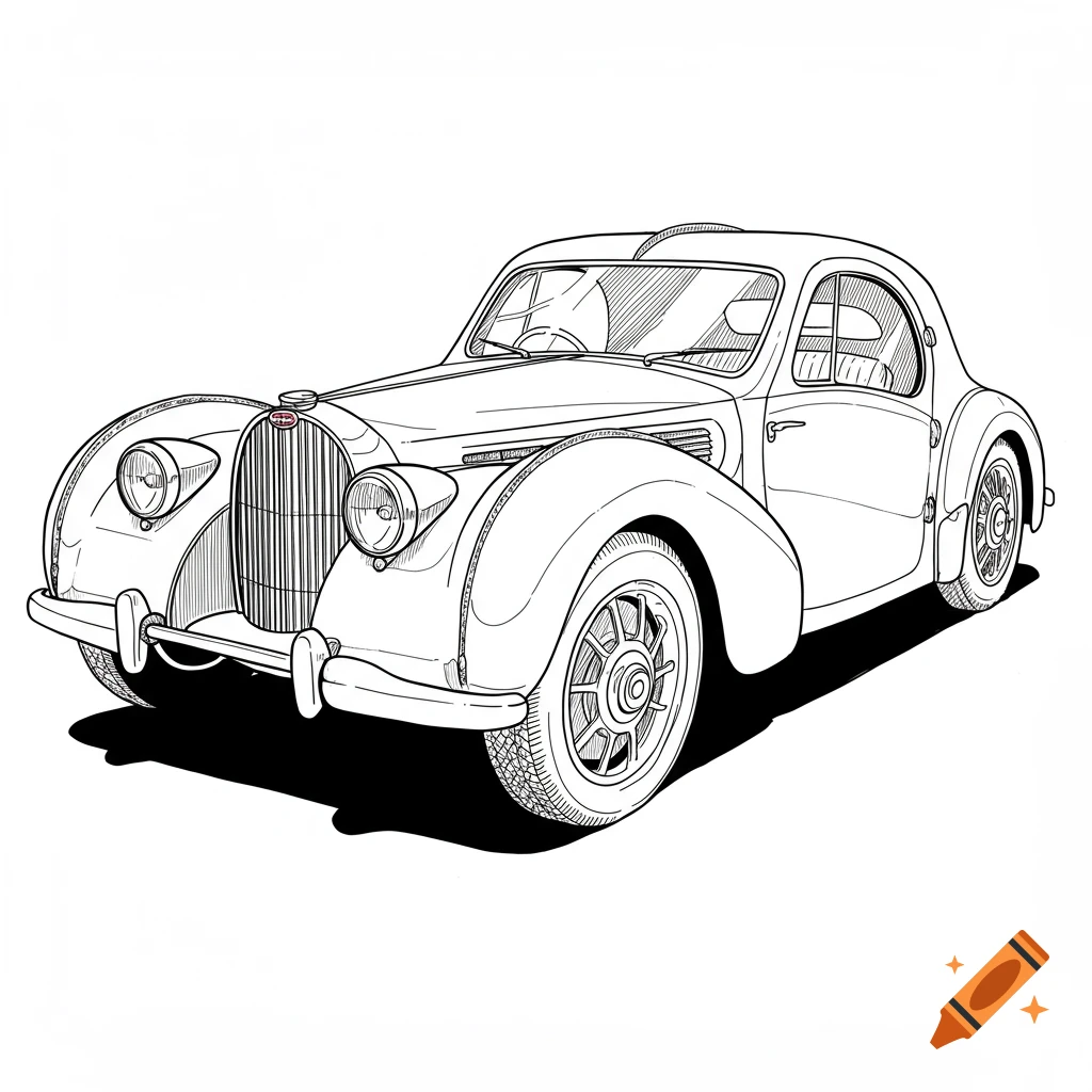 A black and white line drawing of a vintage Type 57 Bugatti car.