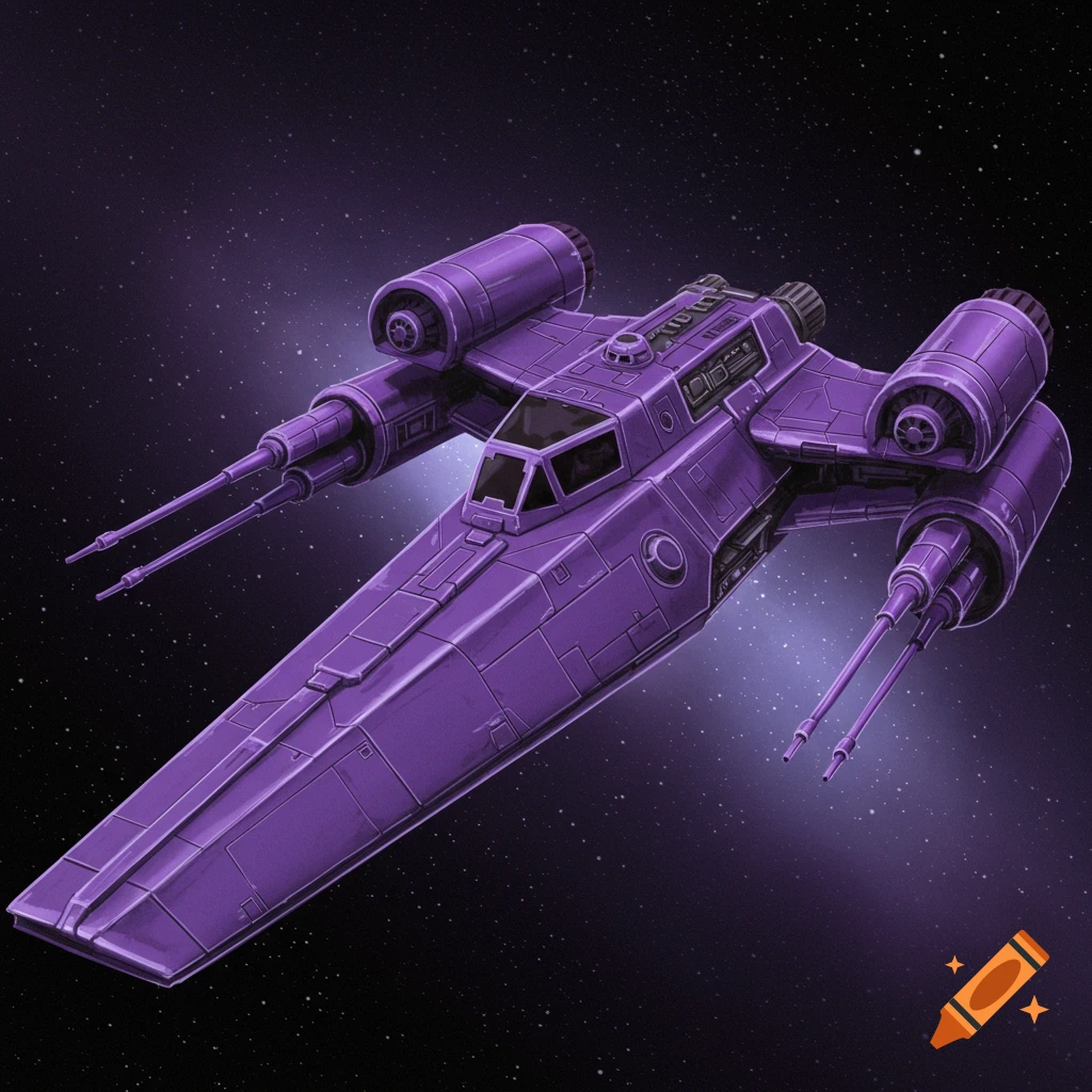A purple starfighter spaceship flies through a field of stars in space.