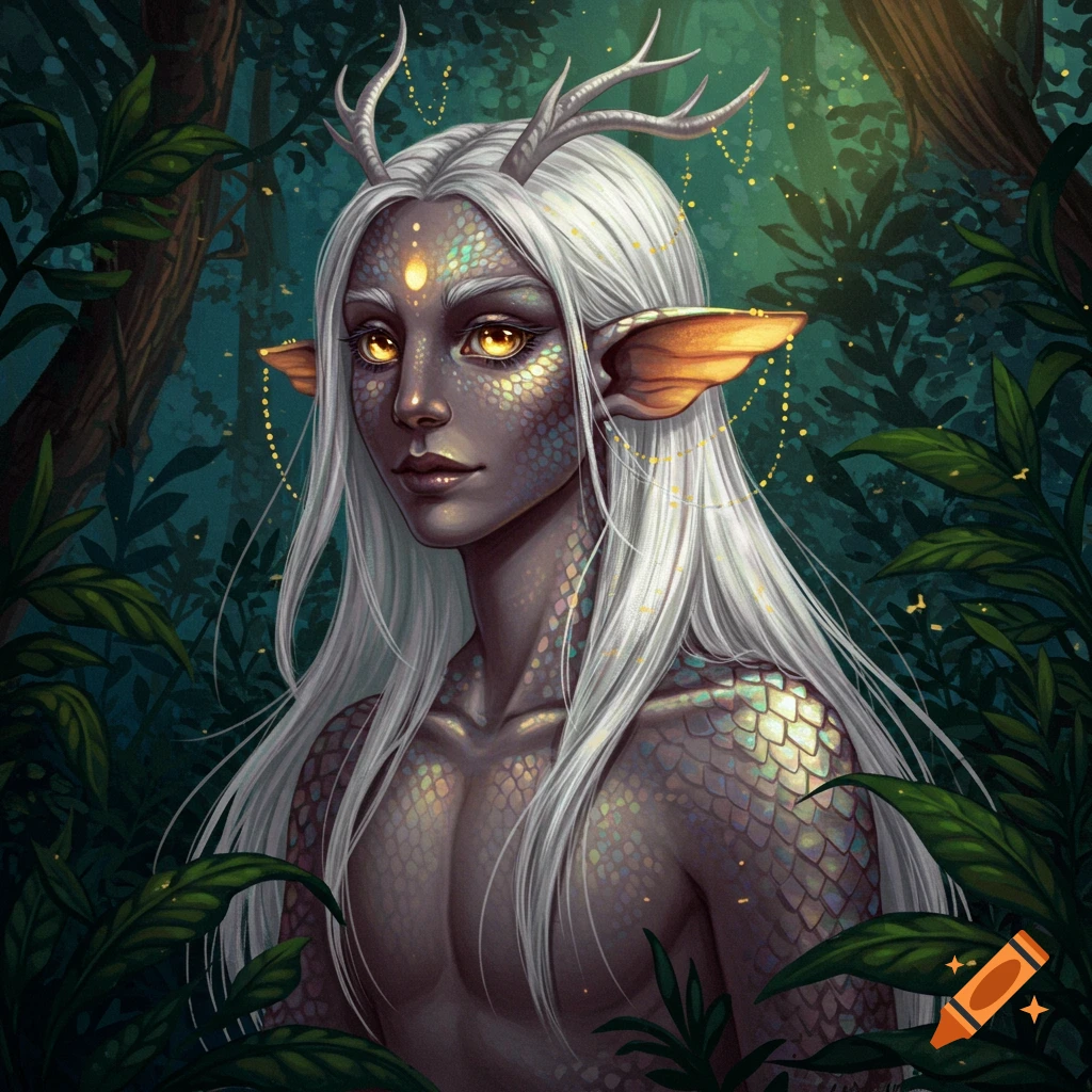 Semi-realistic image of a scaled humanoid creature with antlers and glowing eyes in a forest.