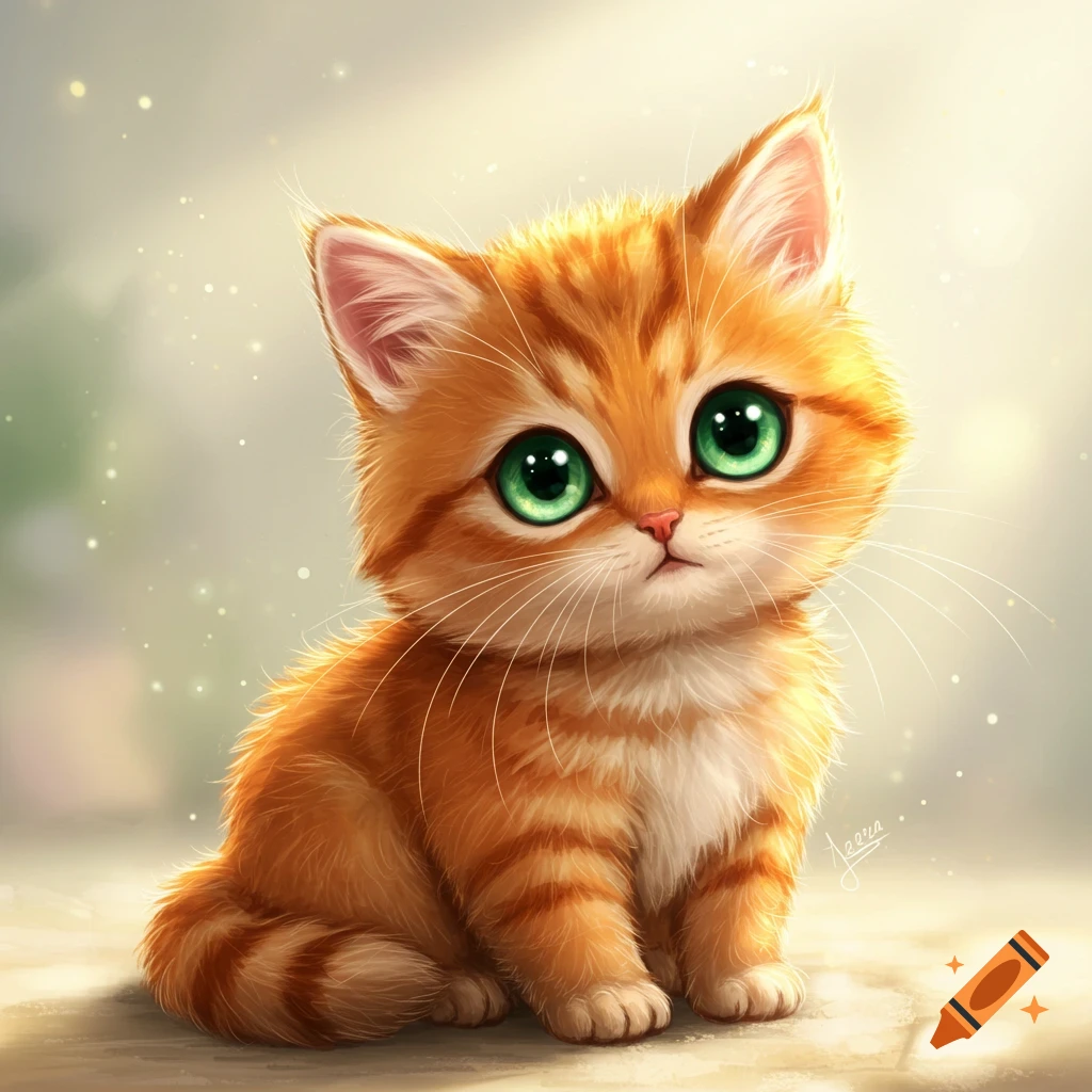 A cute orange tabby kitten with big green eyes