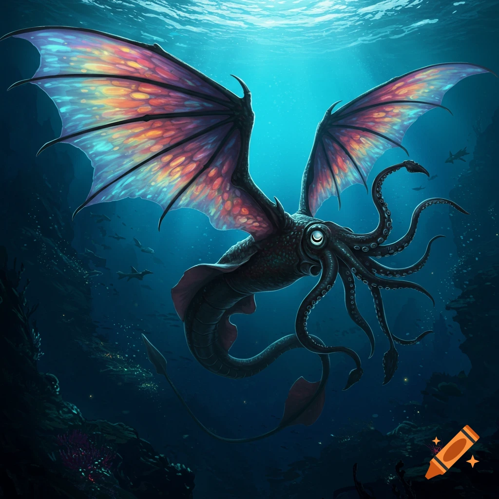 Image of a squid with dragon wings swimming underwater