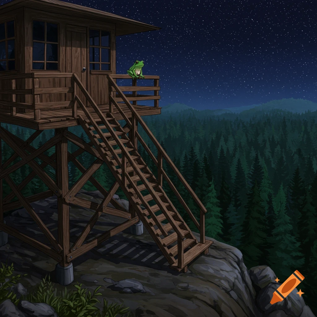 A green frog sits on a wooden lookout tower railing overlooking a vast forest at night under a starry sky.