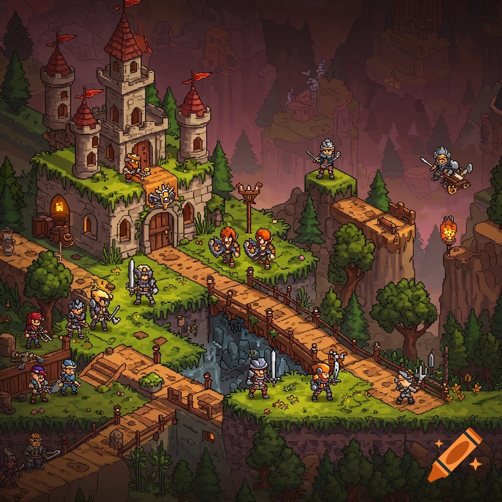 Pixel art fantasy scene with knights, a castle, bridges, and cliffs