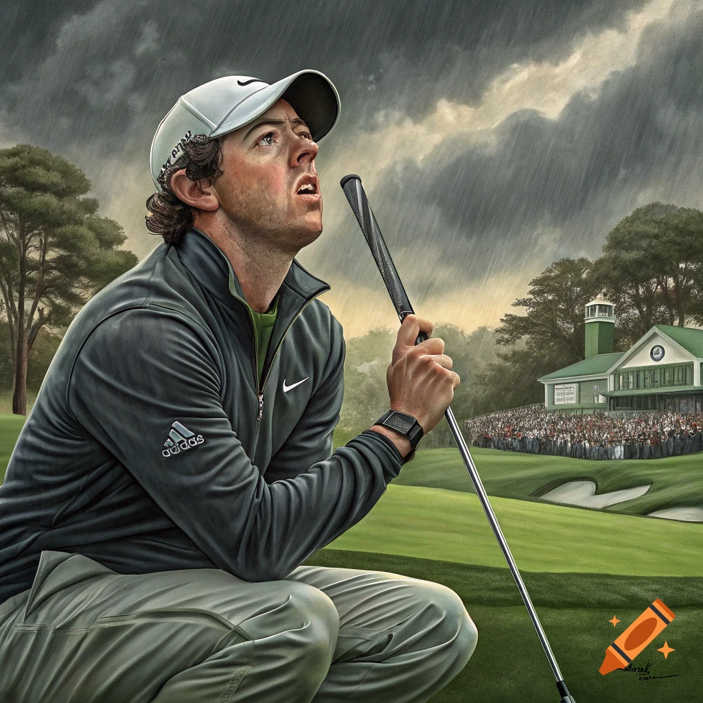 Male golfer crouching in rain on a course, holding club and looking up. Clubhouse and crowd in background. Painted style.