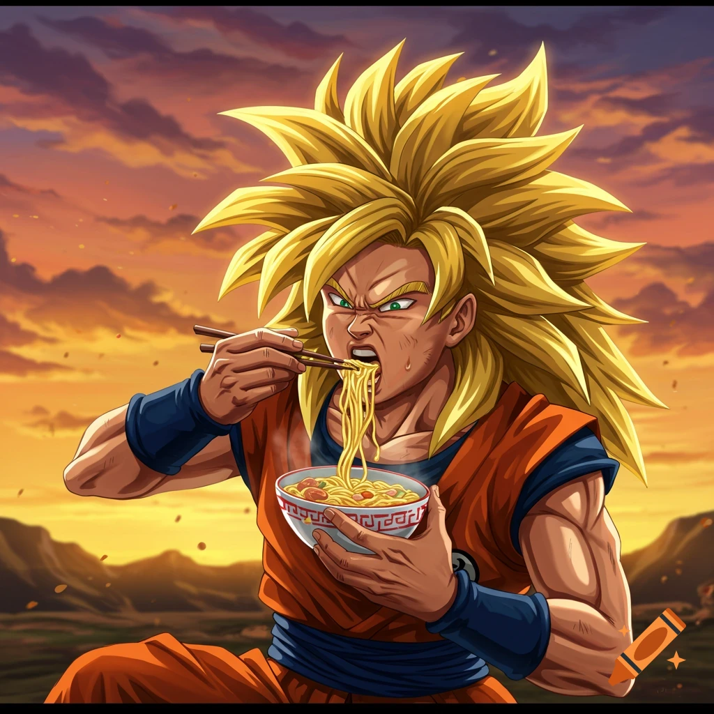 Super Saiyan character eating ramen with chopsticks in anime style against sunset