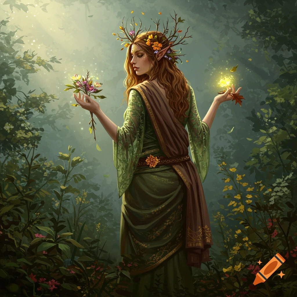 A fantasy dryad woman stands in a sunlit forest glade, holding glowing flowers and leaves.