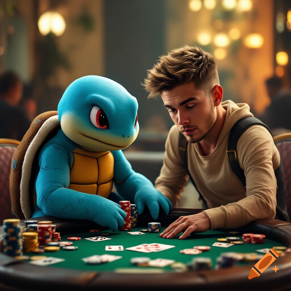 Squirtle playing poker with a man at a casino table.