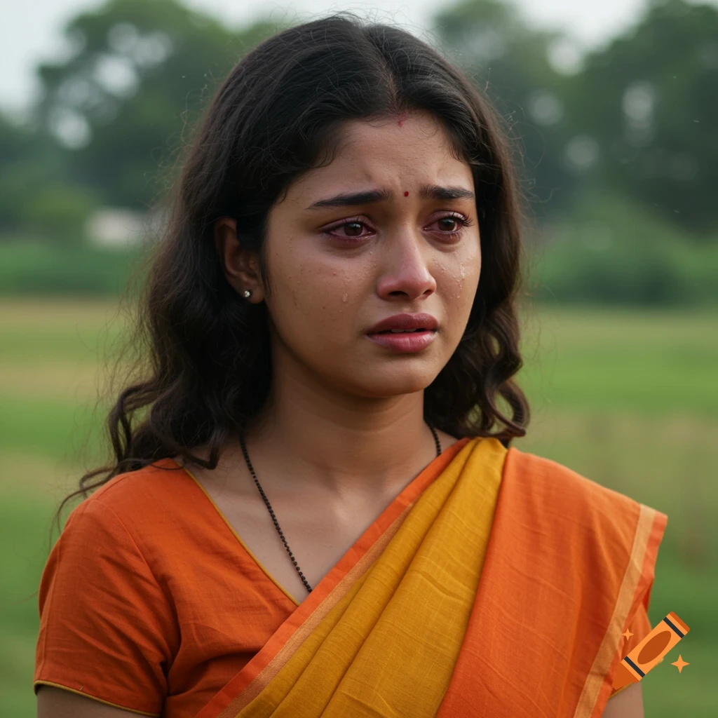 Portrait of a young woman crying, wearing an orange and yellow sari outdoors.