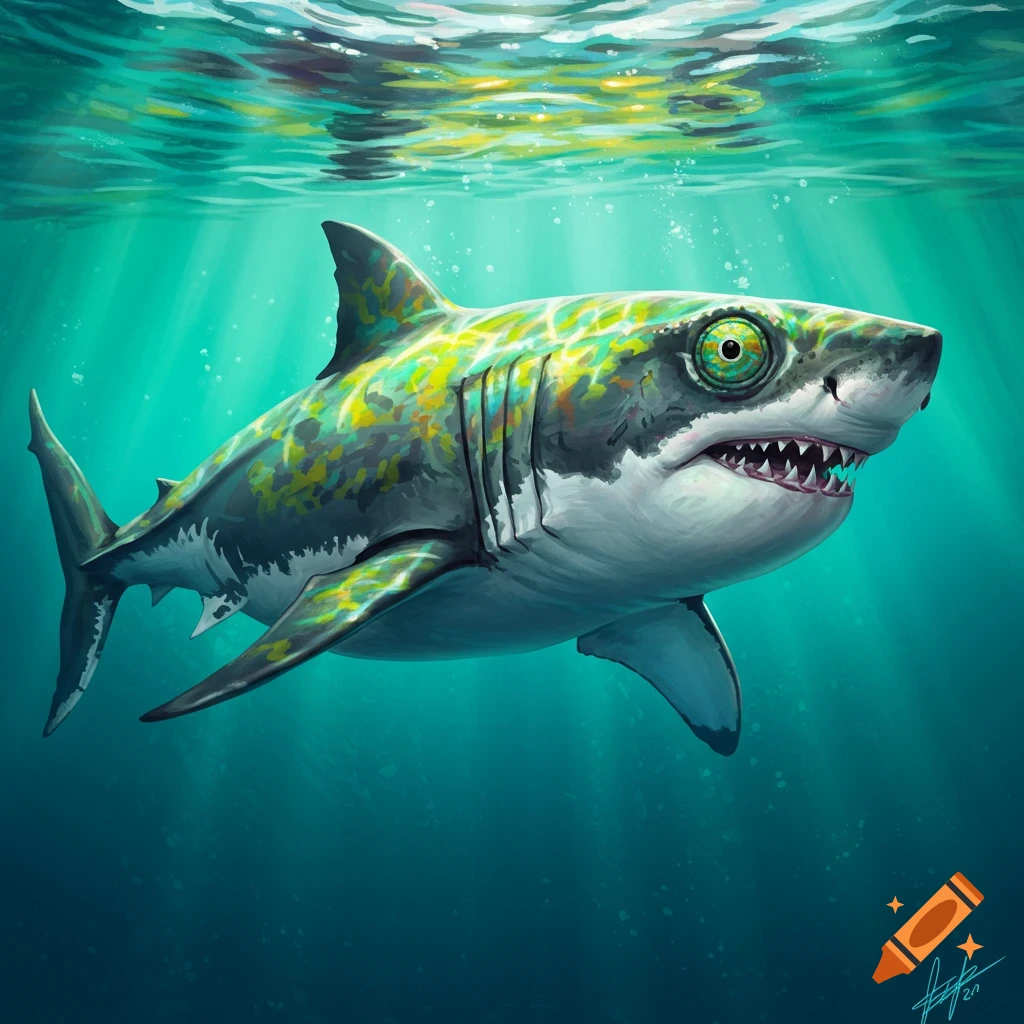 A shark underwater with a colorful chameleon pattern on its skin.