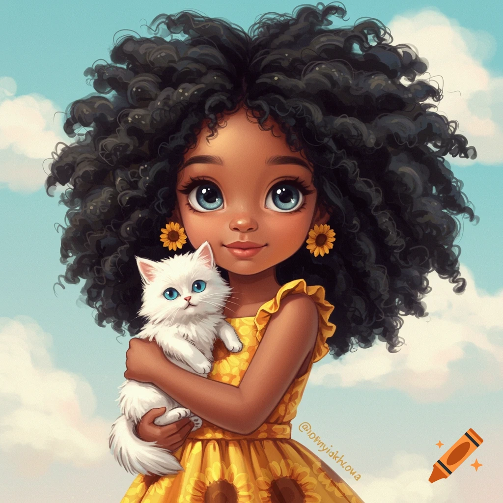 Whimsical painting of a girl with curly hair holding a white kitten