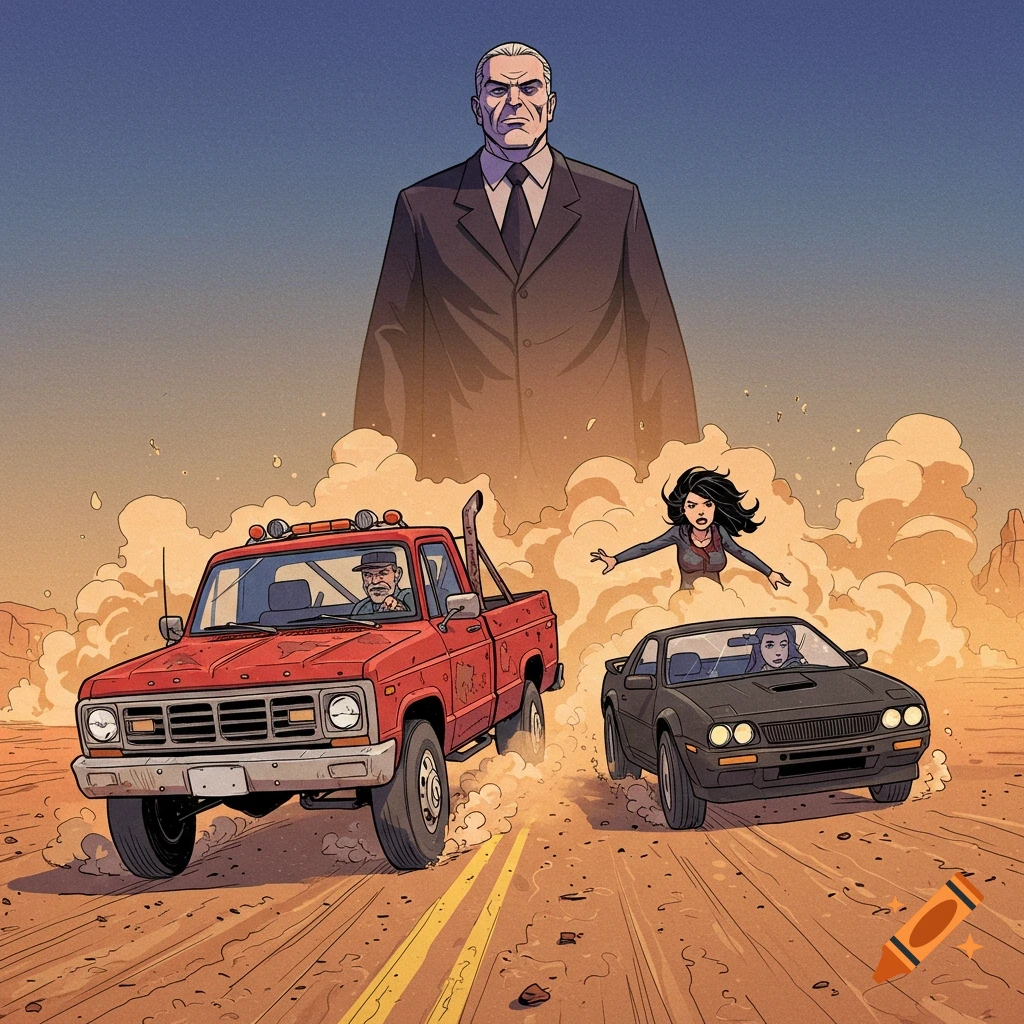 Comic art of a giant man overlooking a red pickup truck and black car racing in a desert, with a woman floating