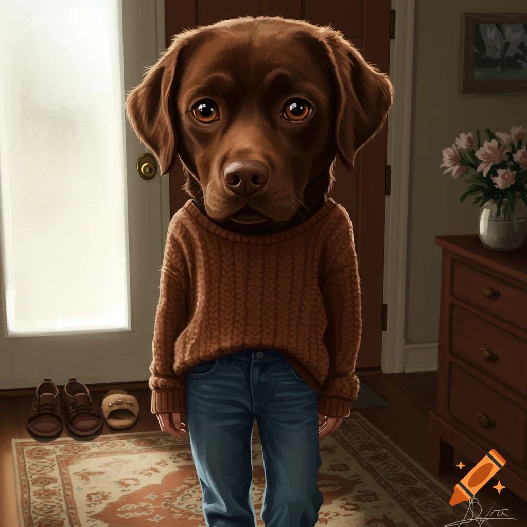 A humanized chocolate lab wearing a sweater and jeans is standing in an entryway.