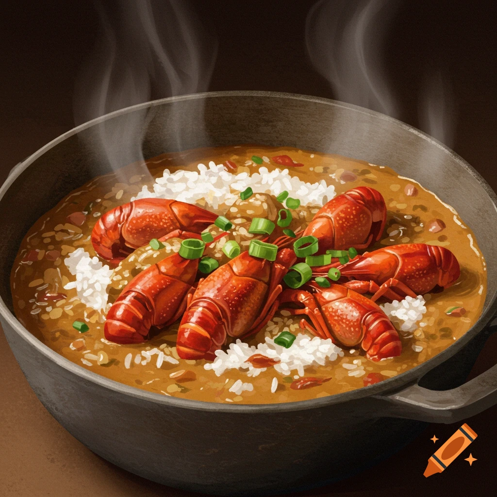 A pot of crawfish etouffee with rice and green onions, steaming.
