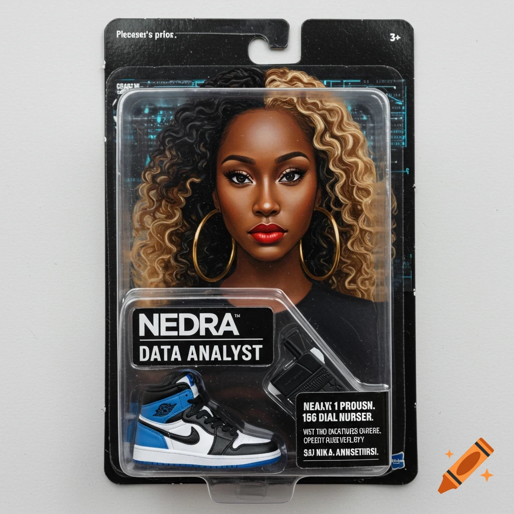 Action figure of a Black woman with split color hair, gold hoops, black dress, and sneakers in blister packaging.