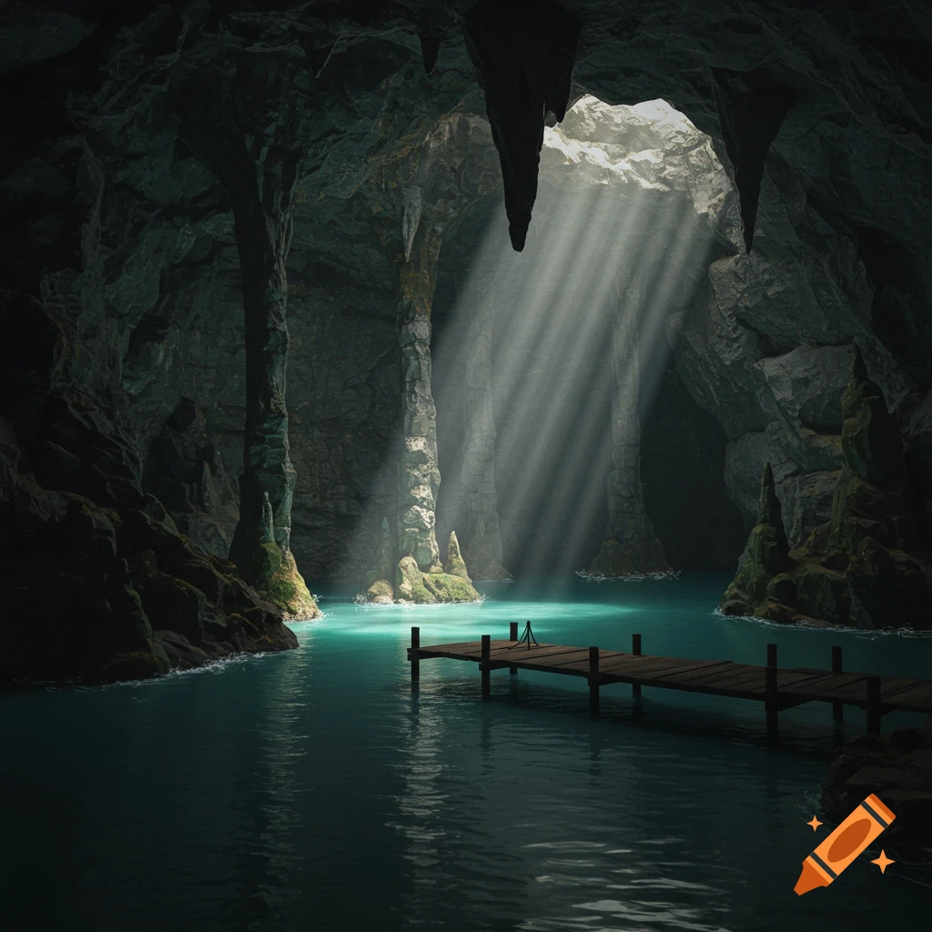 A serene cave lake with majestic rock pillars rising from the water, illuminated by ethereal sunbeams filtering through the cave opening. A weathered wooden dock extends into the tranquil water, inviting exploration.