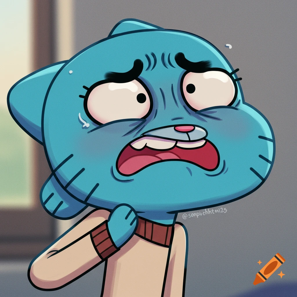 A blue cartoon cat character with a pained, exaggerated expression, holding the back of his neck.