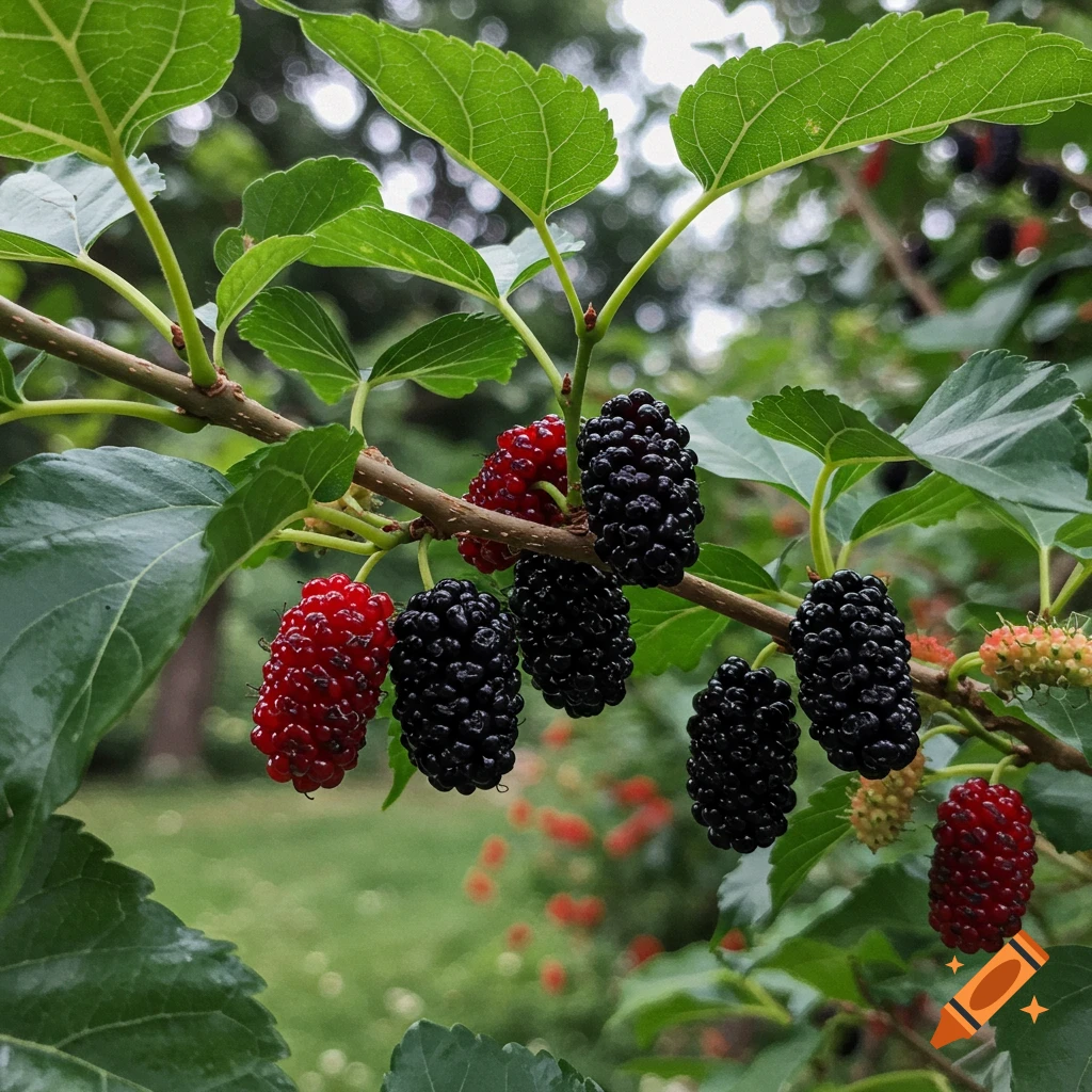 Close-up photo of red and black mulberries on a branch with green leaves.