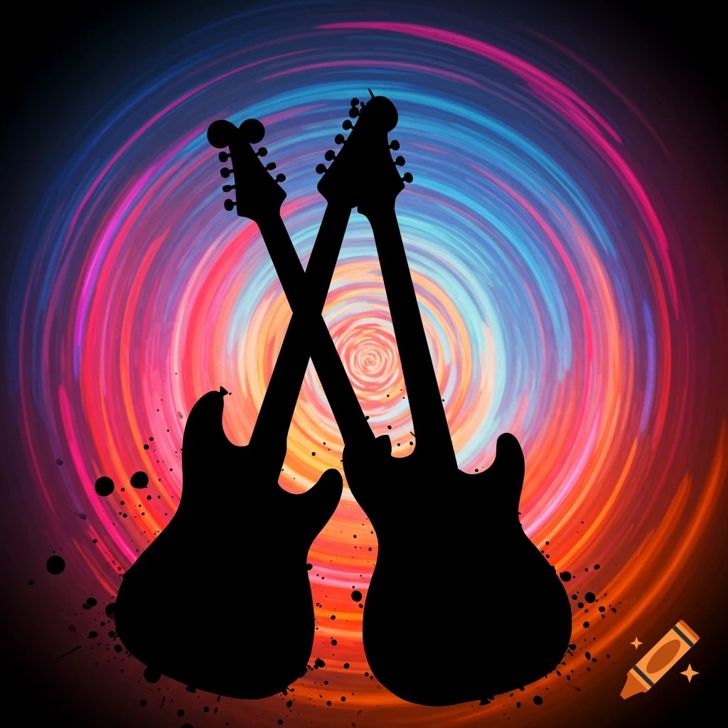Black silhouettes of two crossed electric guitars against a vibrant, swirling background.