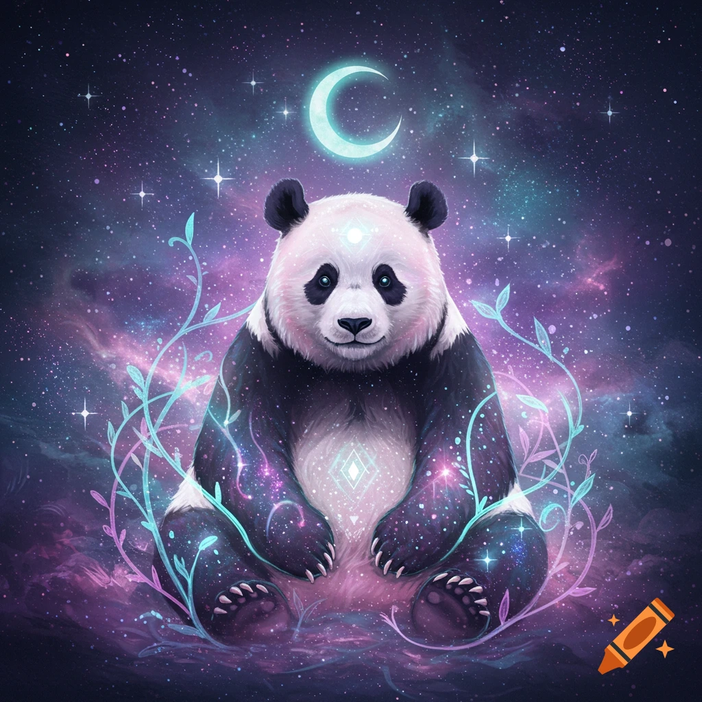 A mystical panda sitting in a starry night sky with a crescent moon, surrounded by glowing vines and cosmic energy.