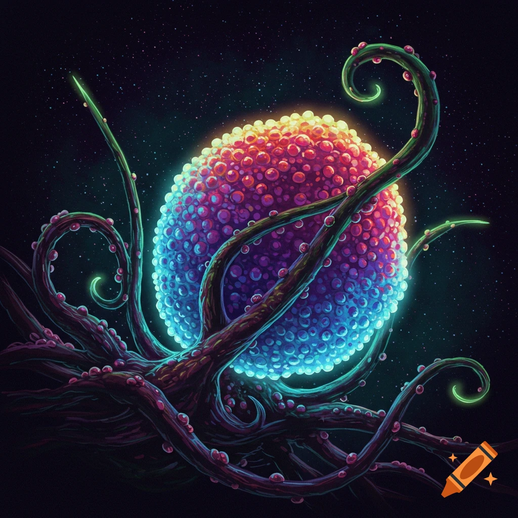 A colorful glowing tentacled creature covered in spheres, floating in space.