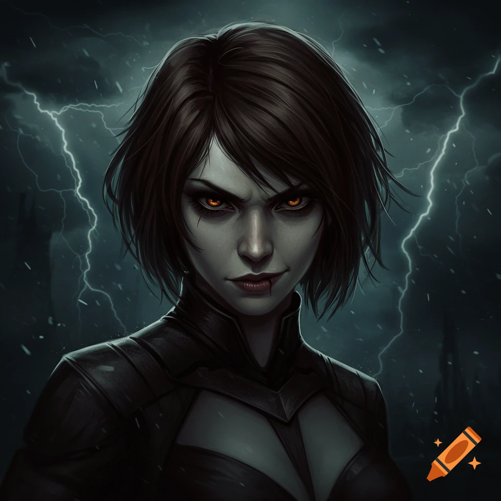 A stern woman with glowing eyes and dark hair, in a stormy setting with lightning.