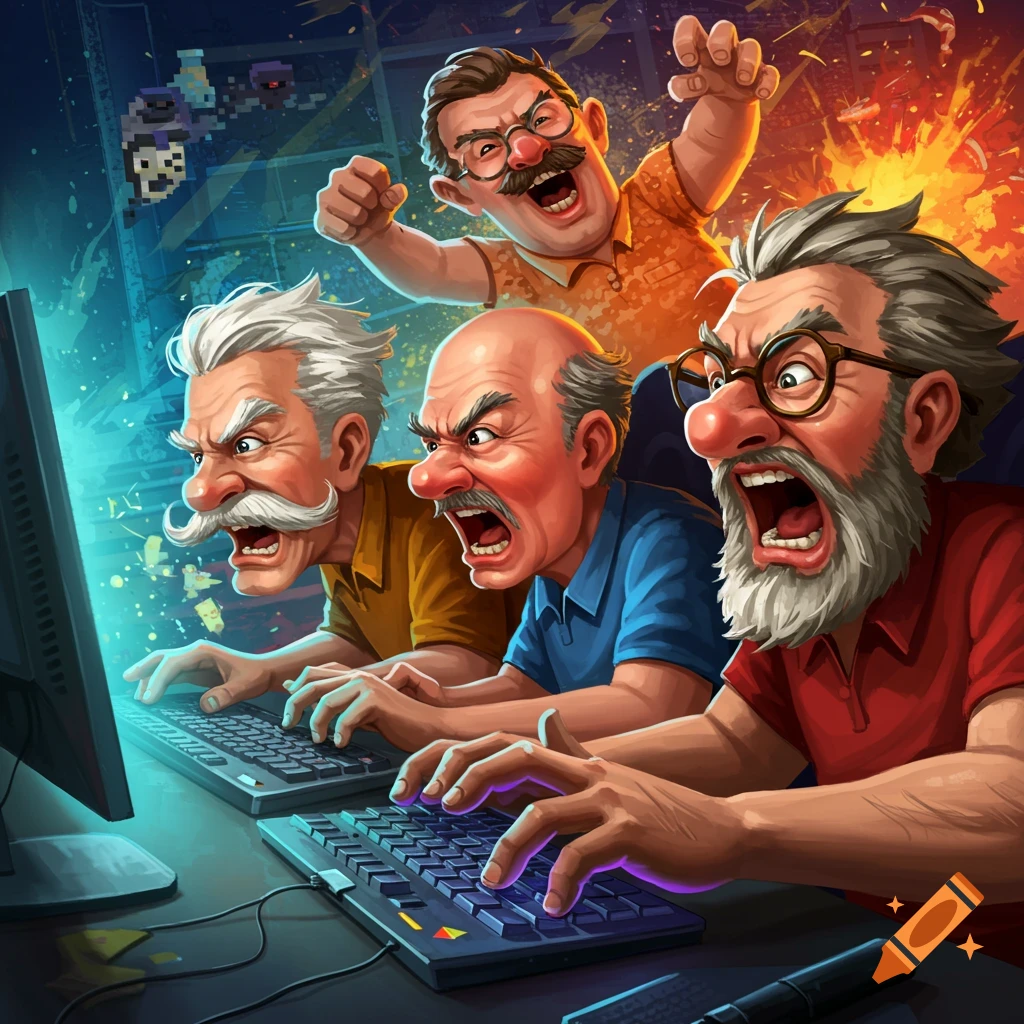 Old men intensely playing video games and yelling.